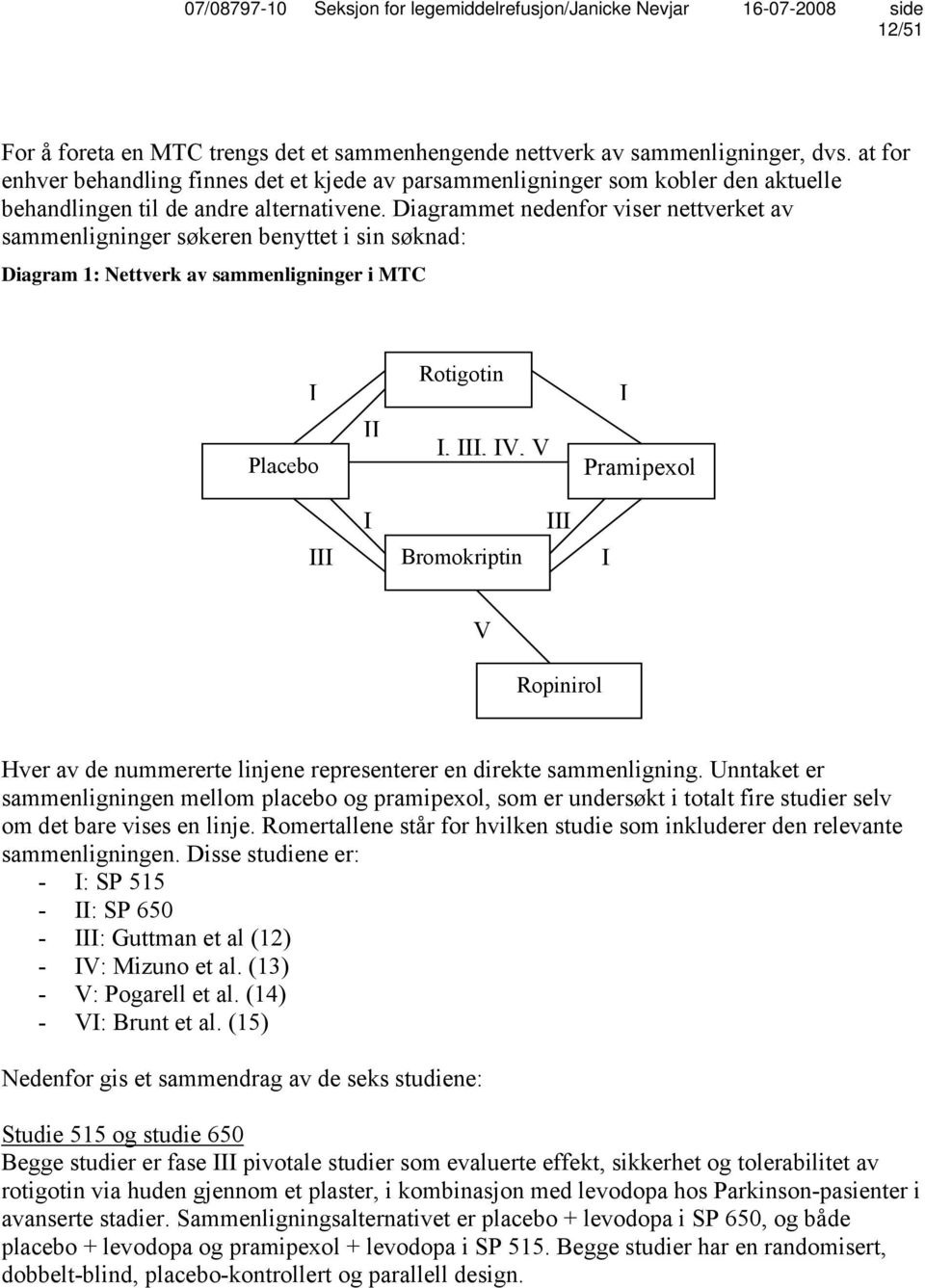 Diagrammet nedenfor viser nettverket av sammenligninger søkeren benyttet i sin søknad: Diagram 1: Nettverk av sammenligninger i MTC I Placebo II Rotigotin I, III, IV, V I Pramipexol III I