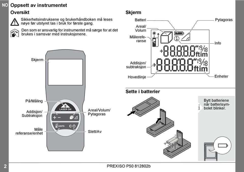 Skjerm Batteri Areal/ Volum Målereferanse Pytagoras Info Skjerm Addisjon/ subtraksjon Hovedlinje Enheter Sette i batterier