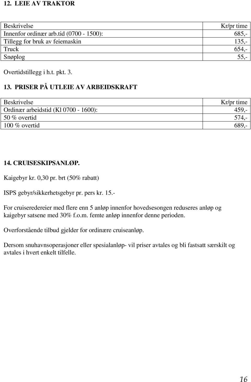 PRISER PÅ UTLEIE AV ARBEIDSKRAFT Kr/pr time Ordinær arbeidstid (Kl 0700-1600): 459,- 50 % overtid 574,- 100 % overtid 689,- 14. CRUISESKIPSANLØP. Kaigebyr kr. 0,30 pr.