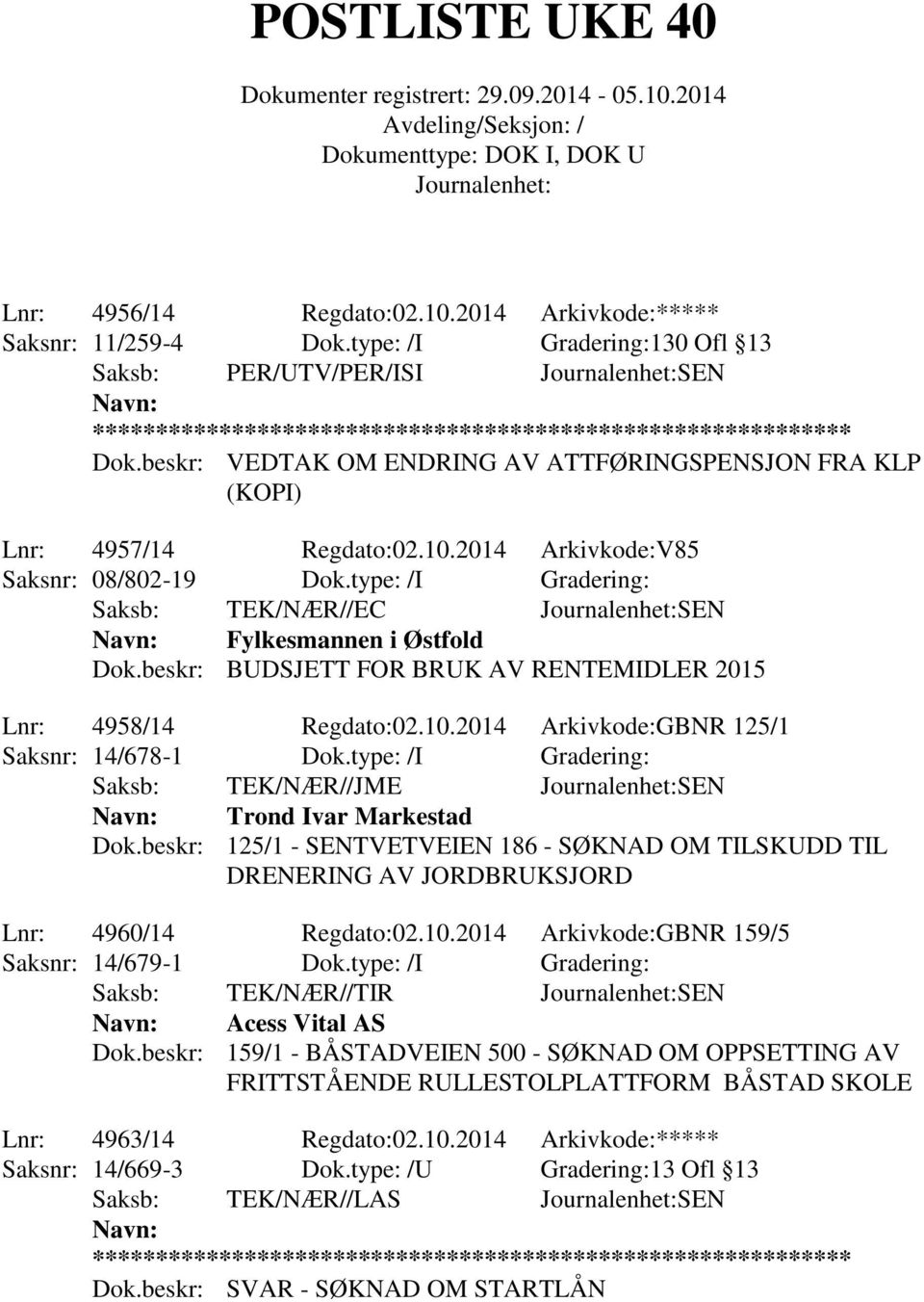 type: /I Gradering: Saksb: TEK/NÆR//JME SEN Trond Ivar Markestad Dok.beskr: 125/1 - SENTVETVEIEN 186 - SØKNAD OM TILSKUDD TIL DRENERING AV JORDBRUKSJORD Lnr: 4960/14 Regdato:02.10.