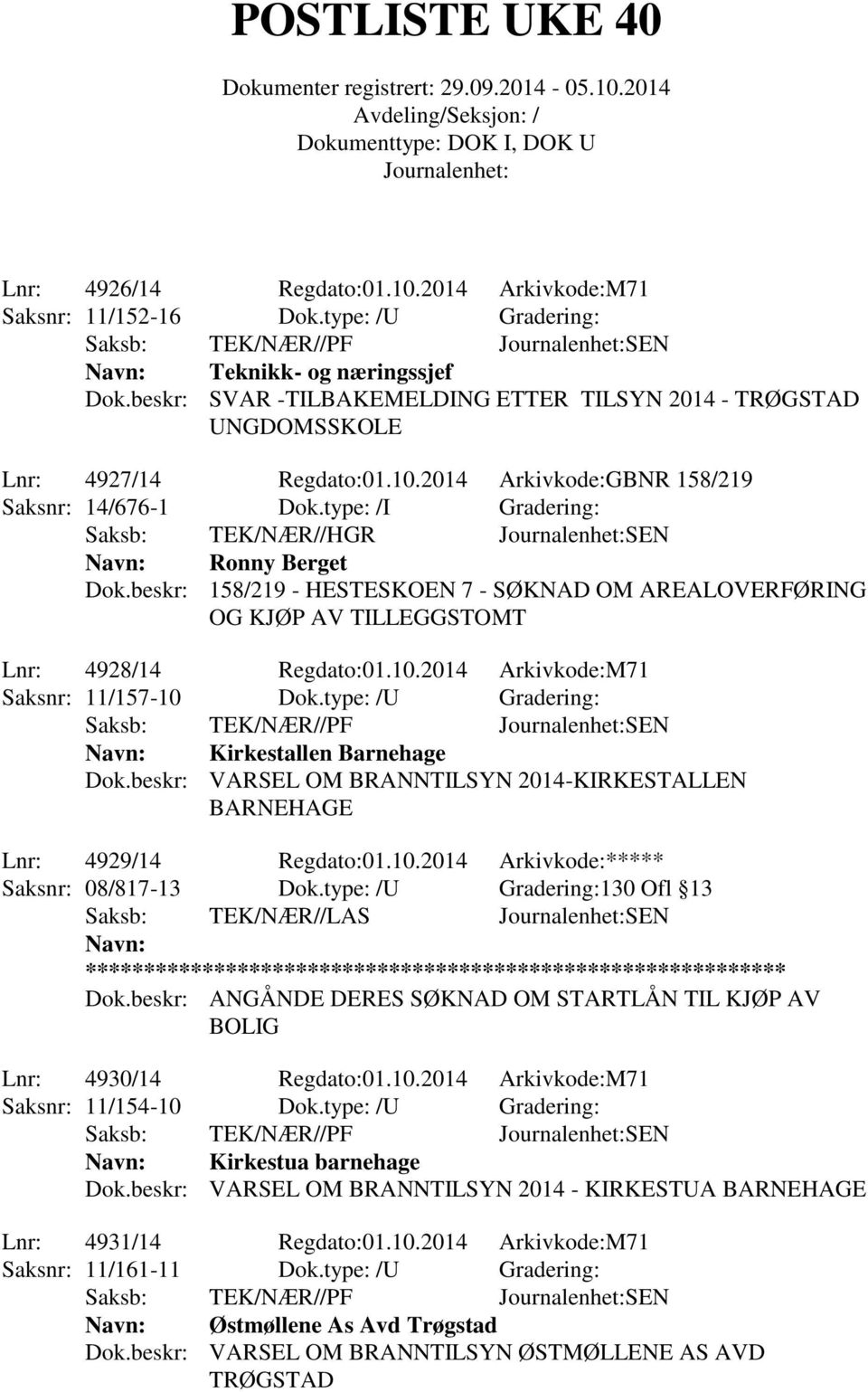 type: /I Gradering: Saksb: TEK/NÆR//HGR SEN Ronny Berget Dok.beskr: 158/219 - HESTESKOEN 7 - SØKNAD OM AREALOVERFØRING OG KJØP AV TILLEGGSTOMT Lnr: 4928/14 Regdato:01.10.