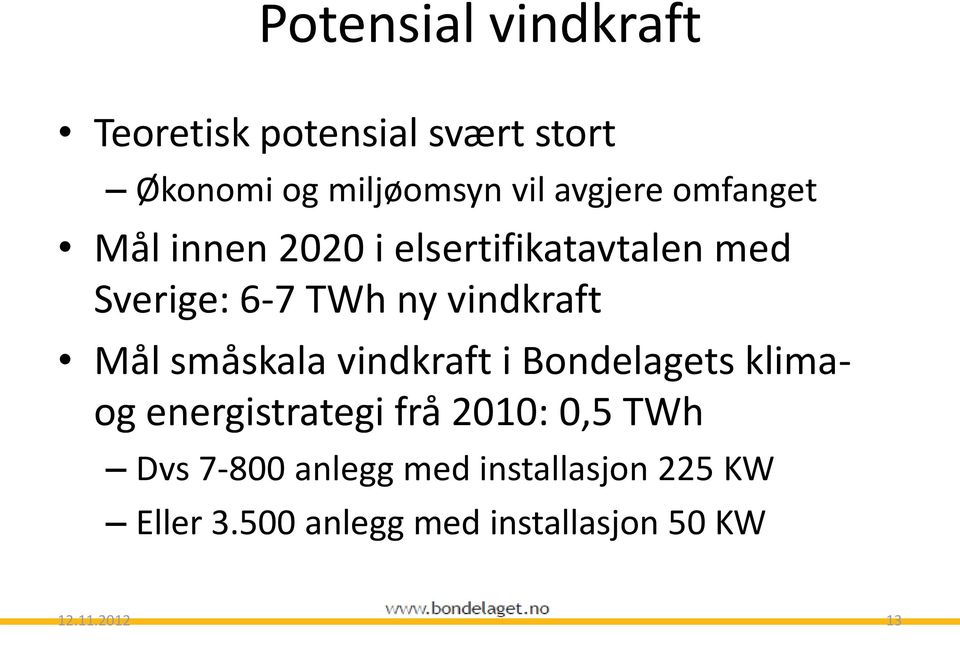 vindkraft Mål småskala vindkraft i Bondelagets klimaog energistrategi frå 2010: