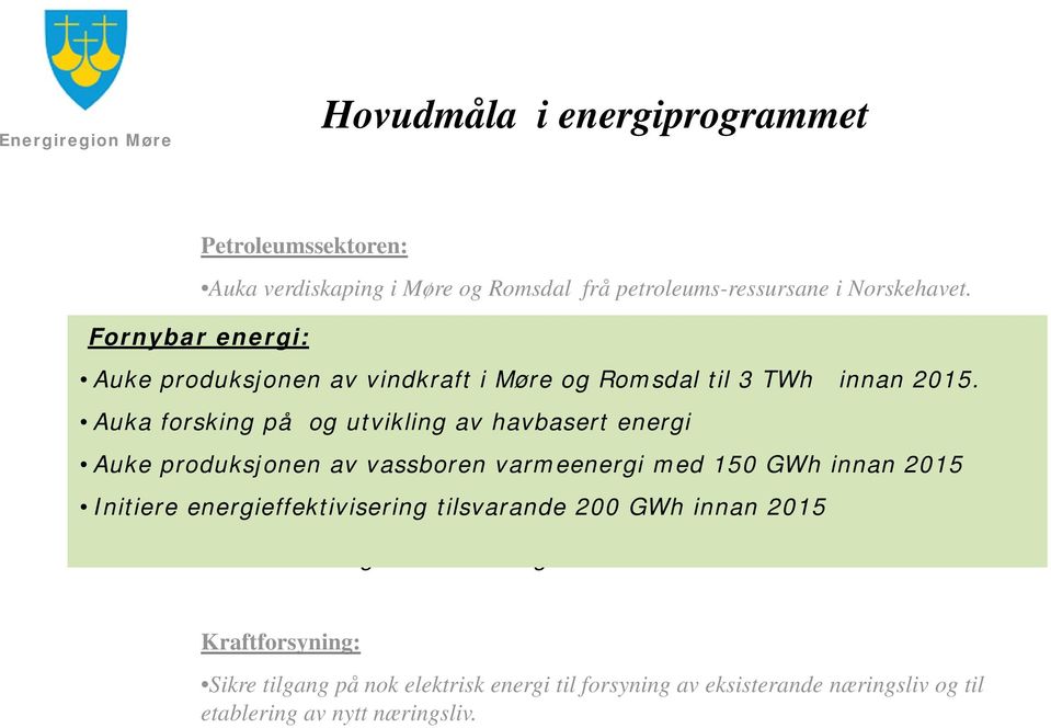 Auka forsking på og utvikling av havbasert energi Auka forsking på og utvikling av havbasert energi Auke produksjonen av vassboren varmeenergi med 150 GWh innan 2015 Auke produksjonen av vassboren