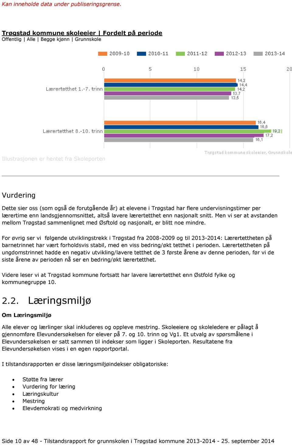 For øvrig ser vi følgende utviklingstrekk i Trøgstad fra 2008-2009 og til 2013-2014: Lærertettheten på barnetrinnet har vært forholdsvis stabil, med en viss bedring/økt tetthet i perioden.