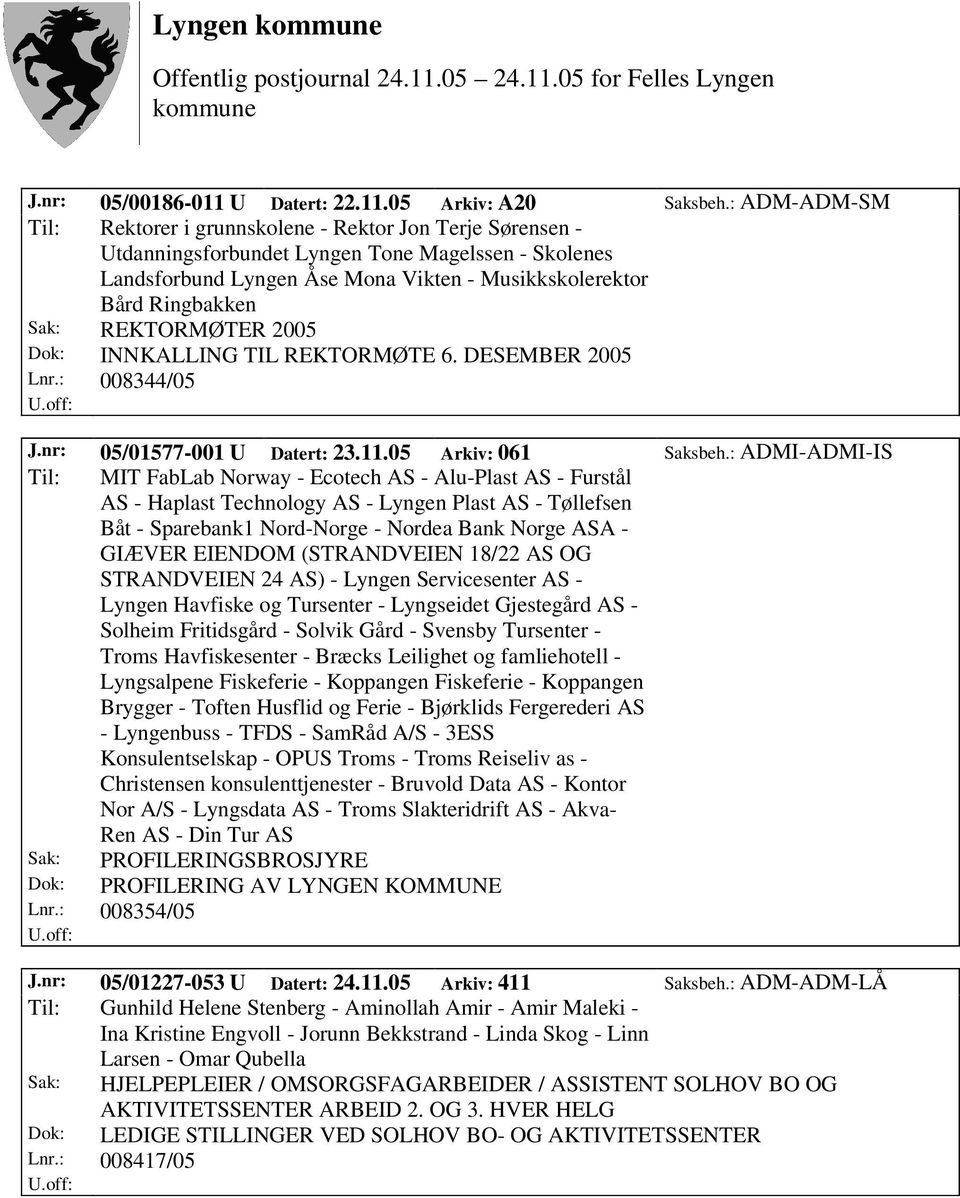 Sak: REKTORMØTER 2005 Dok: INNKALLING TIL REKTORMØTE 6. DESEMBER 2005 Lnr.: 008344/05 J.nr: 05/01577-001 U Datert: 23.11.05 Arkiv: 061 Saksbeh.