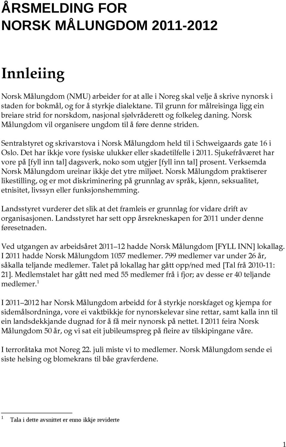 Sentralstyret og skrivarstova i Norsk Målungdom held til i Schweigaards gate 16 i Oslo. Det har ikkje vore fysiske ulukker eller skadetilfelle i 2011.
