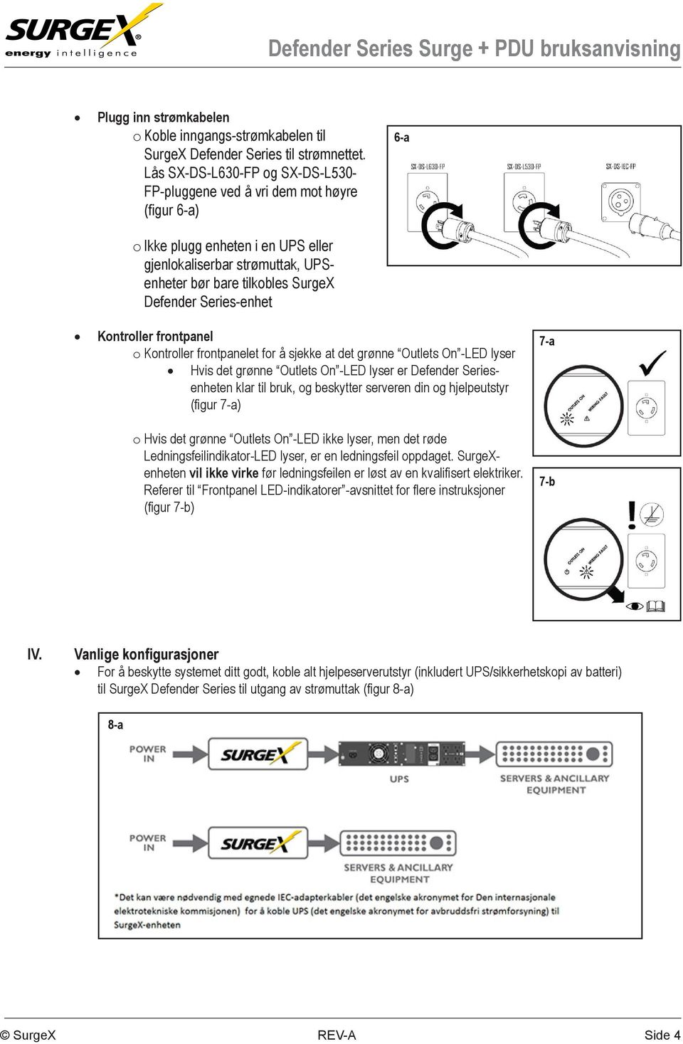 Series-enhet Kontroller frontpanel o Kontroller frontpanelet for å sjekke at det grønne Outlets On -LED lyser Hvis det grønne Outlets On -LED lyser er Defender Seriesenheten klar til bruk, og