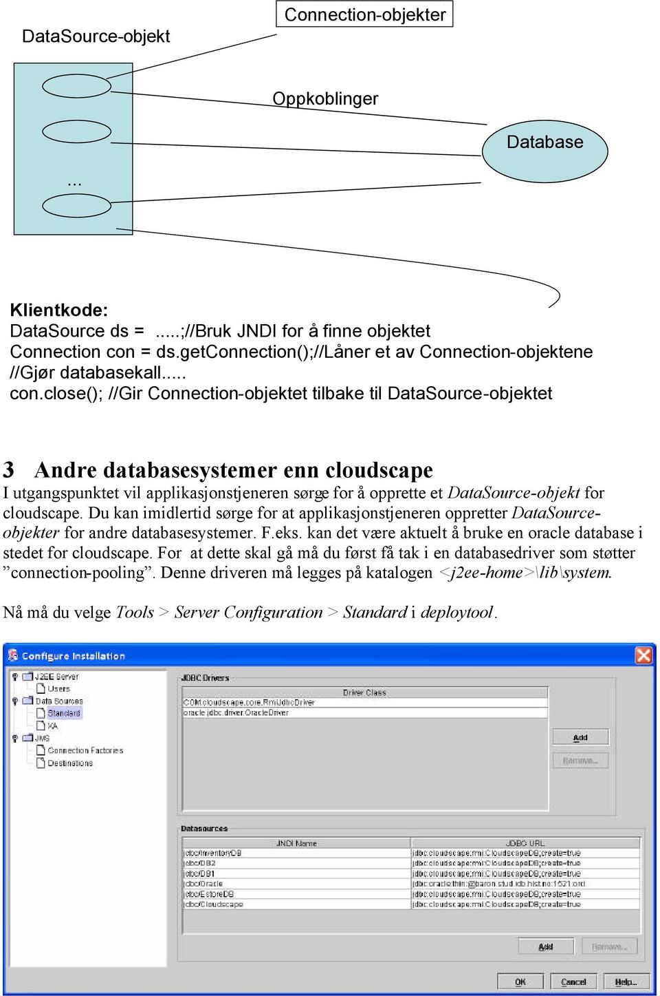 close(); //Gir Connection-objektet tilbake til DataSource-objektet 3 Andre databasesystemer enn cloudscape I utgangspunktet vil applikasjonstjeneren sørge for å opprette et DataSource-objekt for