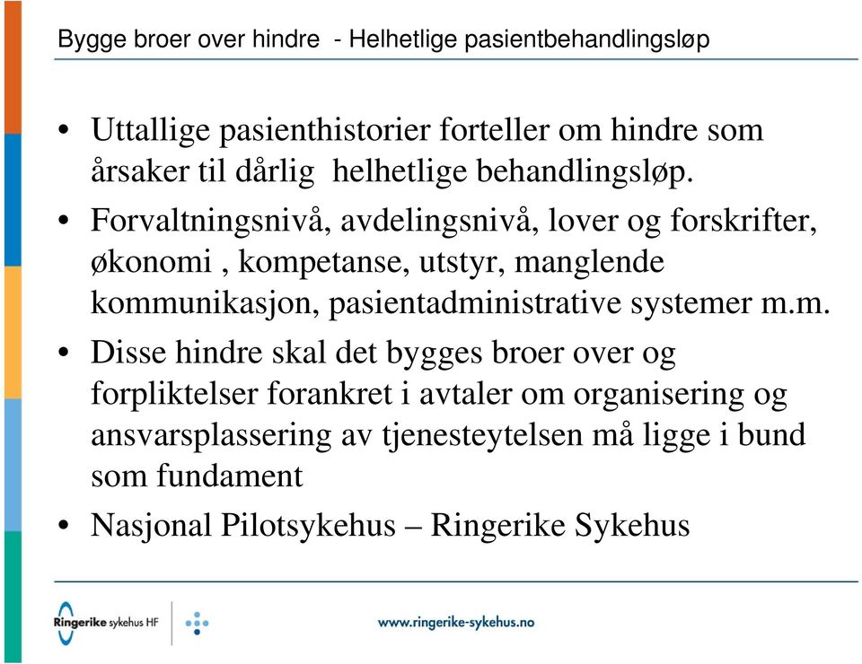 Forvaltningsnivå, avdelingsnivå, lover og forskrifter, økonomi, kompetanse, utstyr, manglende kommunikasjon,