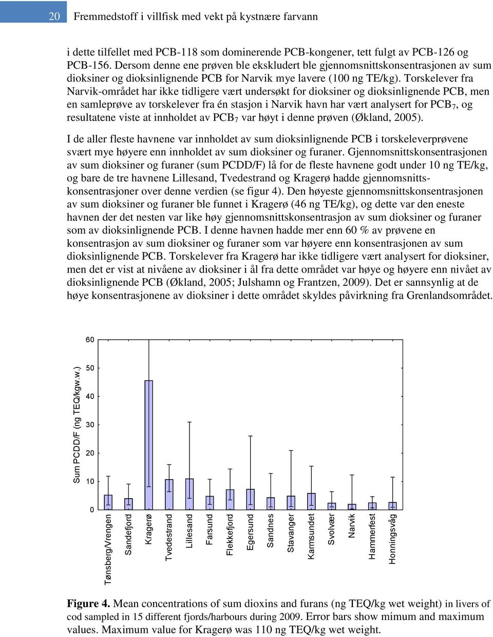Torskelever fra Narvik-området har ikke tidligere vært undersøkt for dioksiner og dioksinlignende PCB, men en samleprøve av torskelever fra én stasjon i Narvik havn har vært analysert for PCB 7, og
