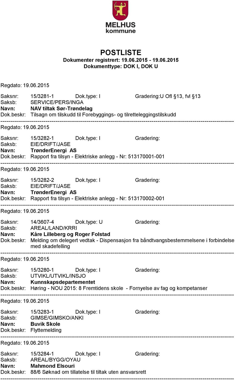 beskr: Rapport fra tilsyn - Elektriske anlegg - Nr: 513170001-001 Saksnr: 15/3282-2 Dok.type: I Gradering: Dok.beskr: Rapport fra tilsyn - Elektriske anlegg - Nr: 513170002-001 Saksnr: 14/3607-4 Dok.