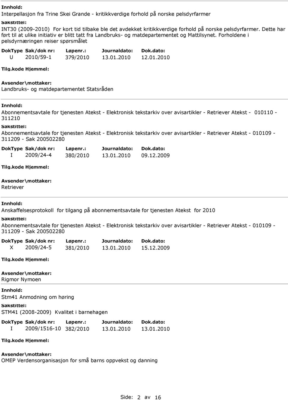 Forholdene i pelsdyrnæringen reiser spørsmålet 2010/59-1 379/2010 Landbruks- og matdepartementet Statsråden Abonnementsavtale for tjenesten Atekst - Elektronisk tekstarkiv over avisartikler -