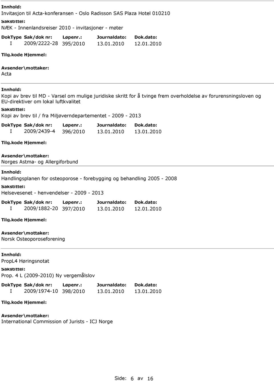 2009/2439-4 396/2010 Norges Astma- og Allergiforbund Handlingsplanen for osteoporose - forebygging og behandling 2005-2008 Helsevesenet - henvendelser - 2009-2013 2009/1882-20