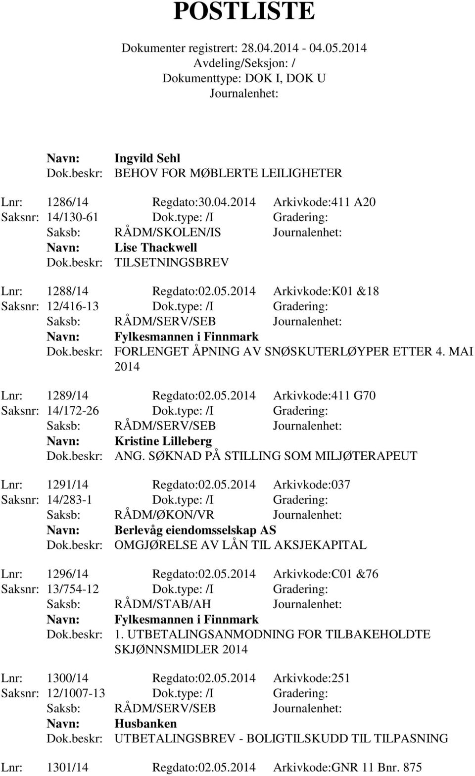 MAI 2014 Lnr: 1289/14 Regdato:02.05.2014 Arkivkode:411 G70 Saksnr: 14/172-26 Dok.type: /I Gradering: Navn: Kristine Lilleberg Dok.beskr: ANG.