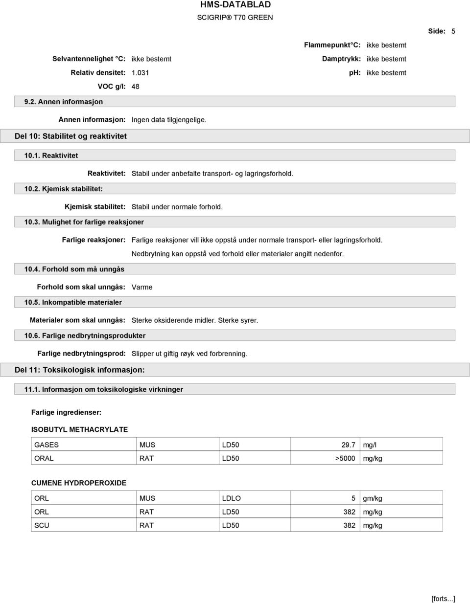 Kjemisk stabilitet: Kjemisk stabilitet: Stabil under normale forhold. 10.3.