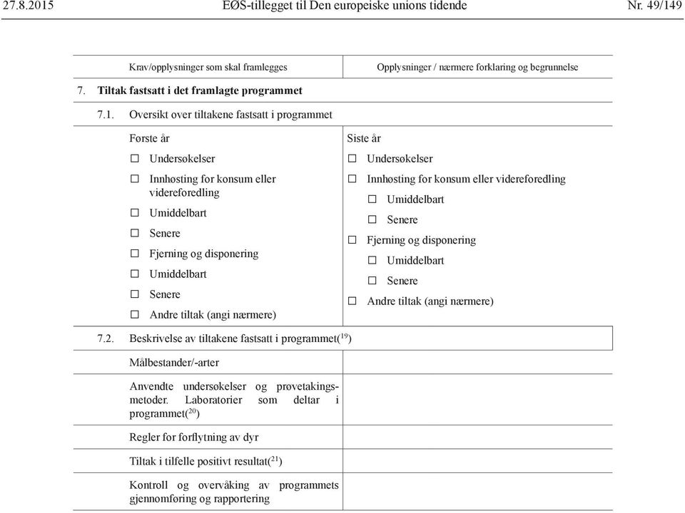 Oversikt over tiltakene fastsatt i programmet Første år Undersøkelser Innhøsting konsum eller videreedling Umiddelbart Senere Fjerning og disponering Umiddelbart Senere Andre tiltak (angi nærmere)