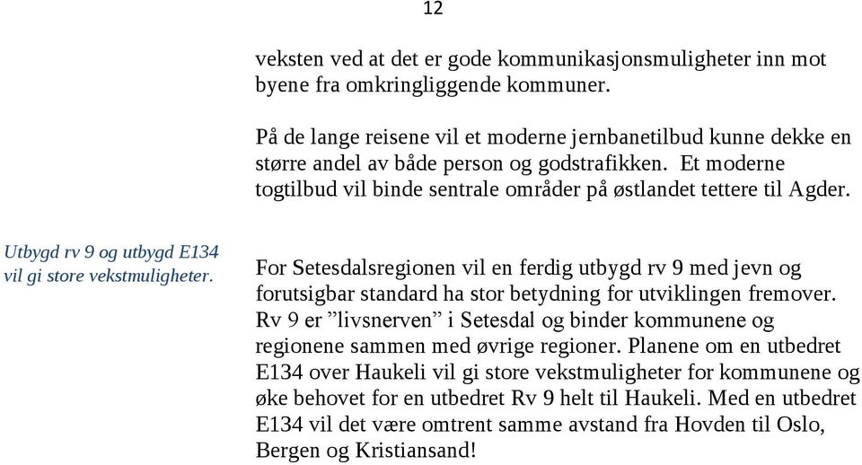 Utbygd rv 9 og utbygd E134 vil gi store vekstmuligheter. For Setesdalsregionen vil en ferdig utbygd rv 9 med jevn og forutsigbar standard ha stor betydning for utviklingen fremover.