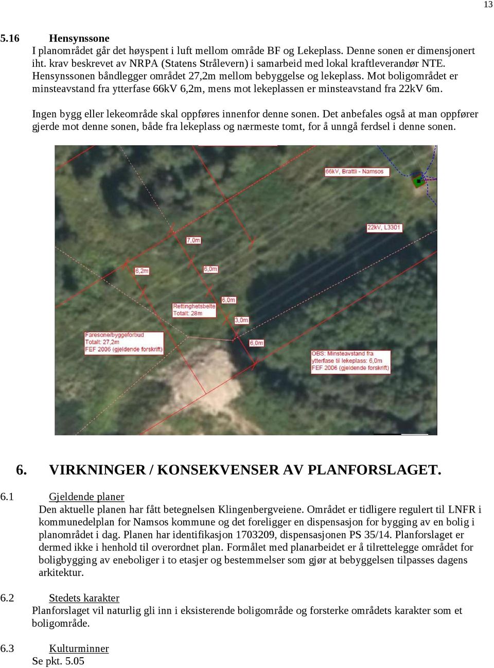 Mot boligområdet er minsteavstand fra ytterfase 66kV 6,2m, mens mot lekeplassen er minsteavstand fra 22kV 6m. Ingen bygg eller lekeområde skal oppføres innenfor denne sonen.