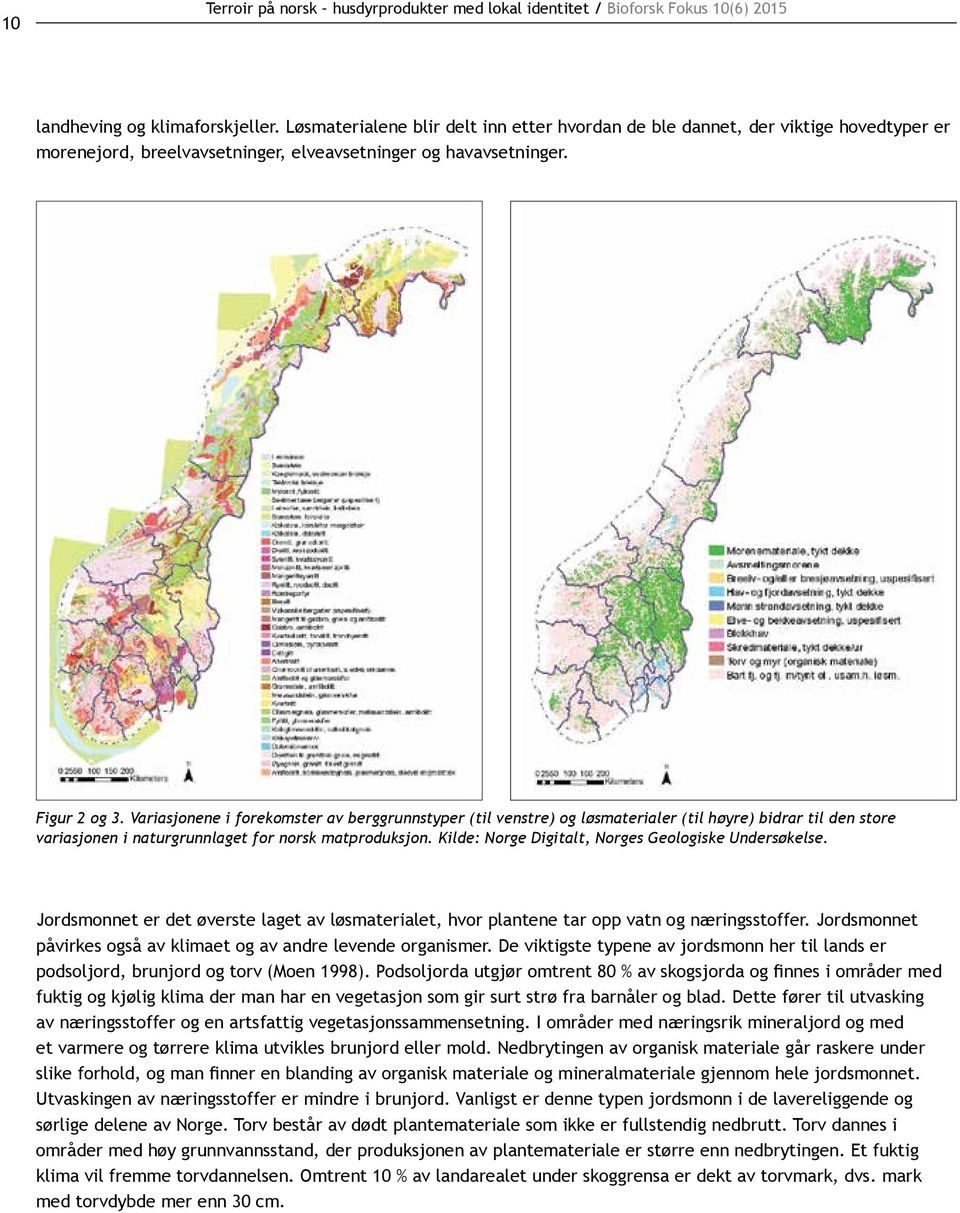 Variasjonene i forekomster av berggrunnstyper (til venstre) og løsmaterialer (til høyre) bidrar til den store variasjonen i naturgrunnlaget for norsk matproduksjon.