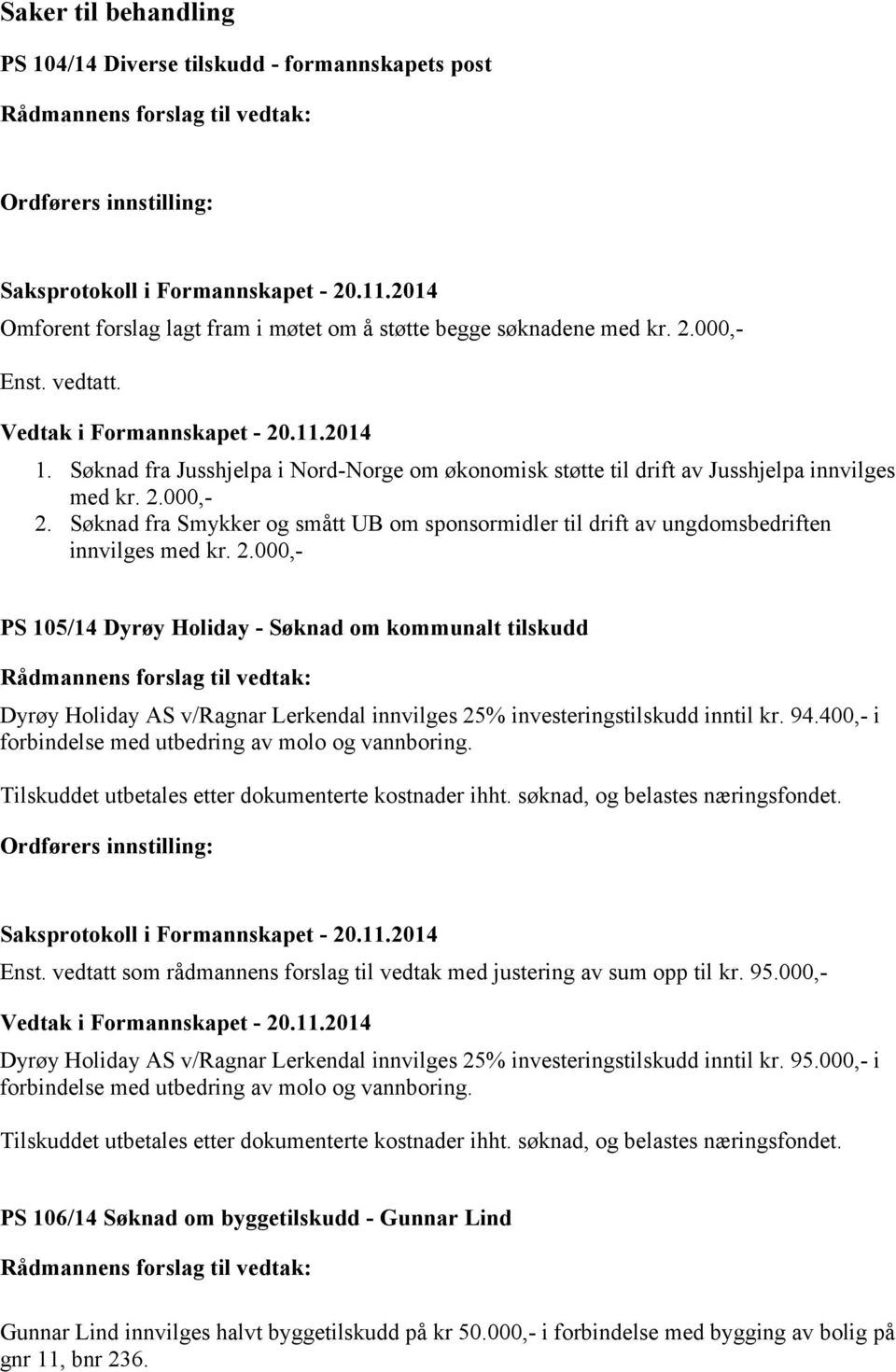 94.400,- i forbindelse med utbedring av molo og vannboring. Tilskuddet utbetales etter dokumenterte kostnader ihht. søknad, og belastes næringsfondet. Ordførers innstilling: Enst.