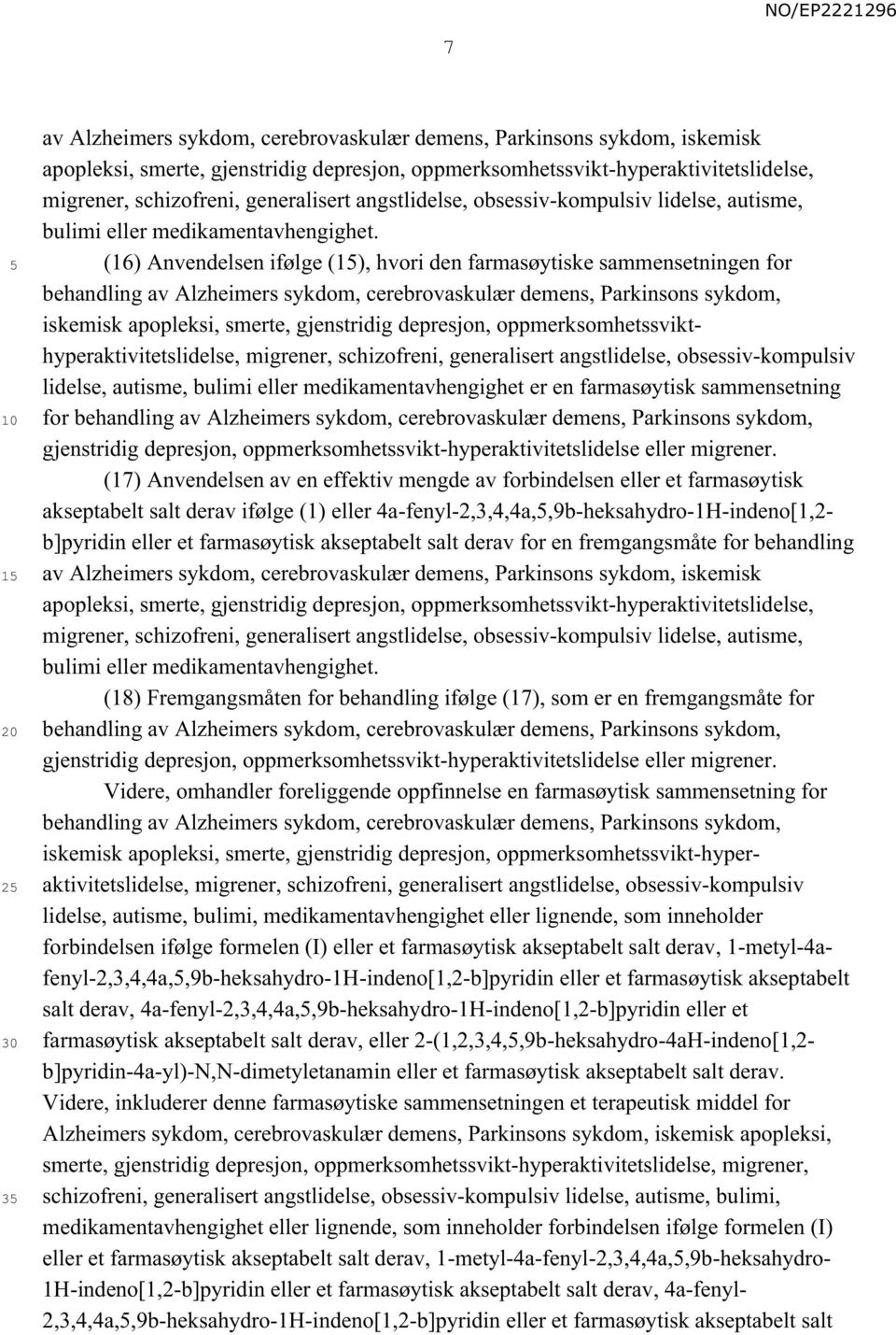 (16) Anvendelsen ifølge (1), hvori den farmasøytiske sammensetningen for behandling av Alzheimers sykdom, cerebrovaskulær demens, Parkinsons sykdom, iskemisk apopleksi, smerte, gjenstridig depresjon,