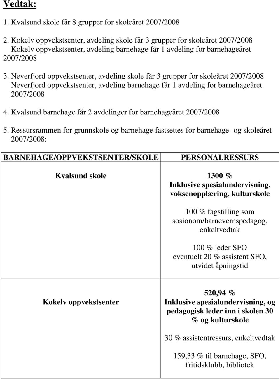 Neverfjord oppvekstsenter, avdeling skole får 3 grupper for skoleåret 2007/2008 Neverfjord oppvekstsenter, avdeling barnehage får 1 avdeling for barnehageåret 2007/2008 4.