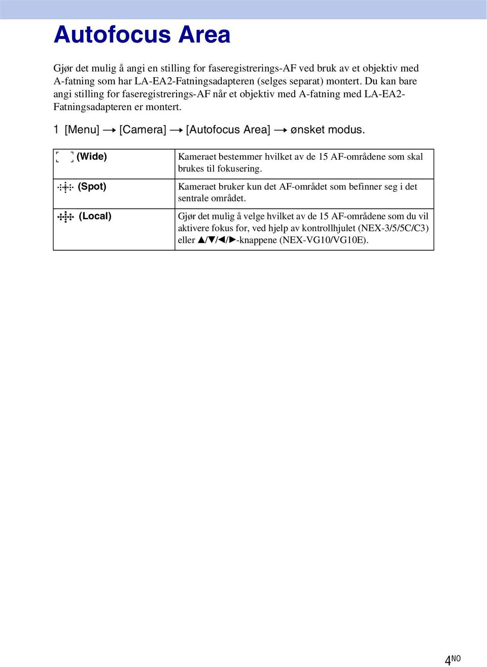 1 [Menu] t [Camera] t [Autofocus Area] t ønsket modus. (Wide) (Spot) (Local) Kameraet bestemmer hvilket av de 15 AF-områdene som skal brukes til fokusering.