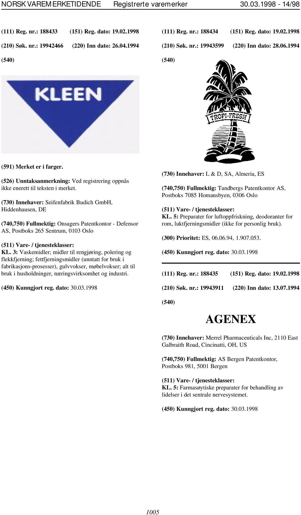 (730) Innehaver: Seifenfabrik Budich GmbH, Hiddenhausen, DE (740,750) Fullmektig: Onsagers Patentkontor - Defensor AS, Postboks 265 Sentrum, 0103 Oslo KL.