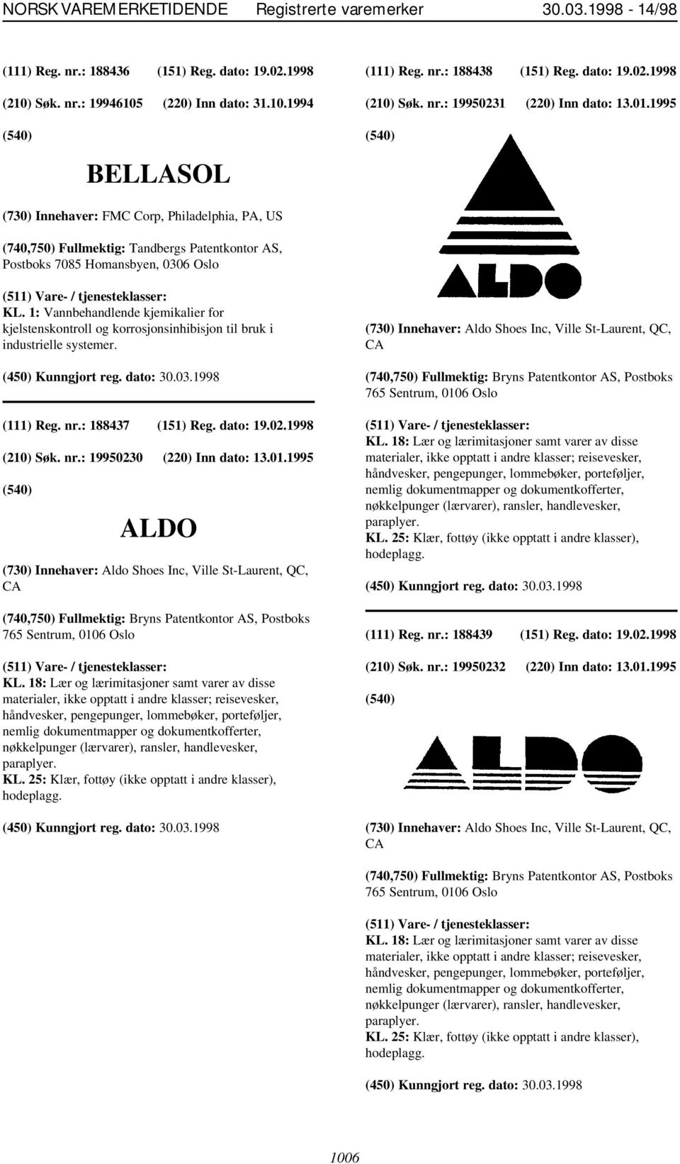 : 188437 (151) Reg. dato: 19.02.1998 (210) Søk. nr.: 19950230 (220) Inn dato: 13.01.1995 ALDO (730) Innehaver: Aldo Shoes Inc, Ville St-Laurent, QC, CA KL.