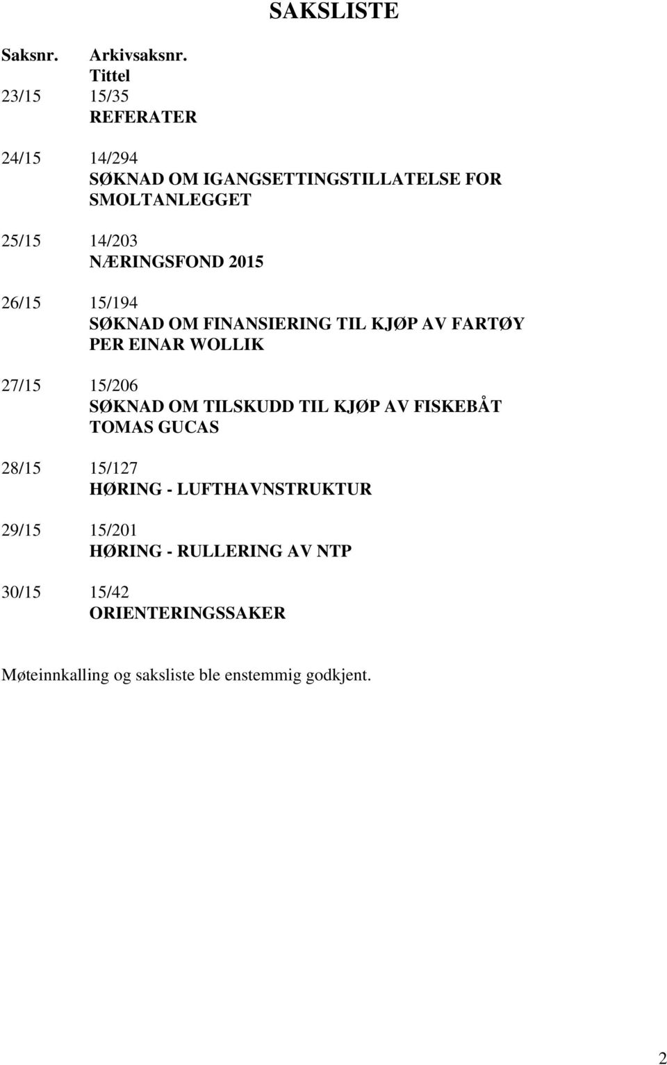 NÆRINGSFOND 2015 26/15 15/194 SØKNAD OM FINANSIERING TIL KJØP AV FARTØY PER EINAR WOLLIK 27/15 15/206 SØKNAD OM