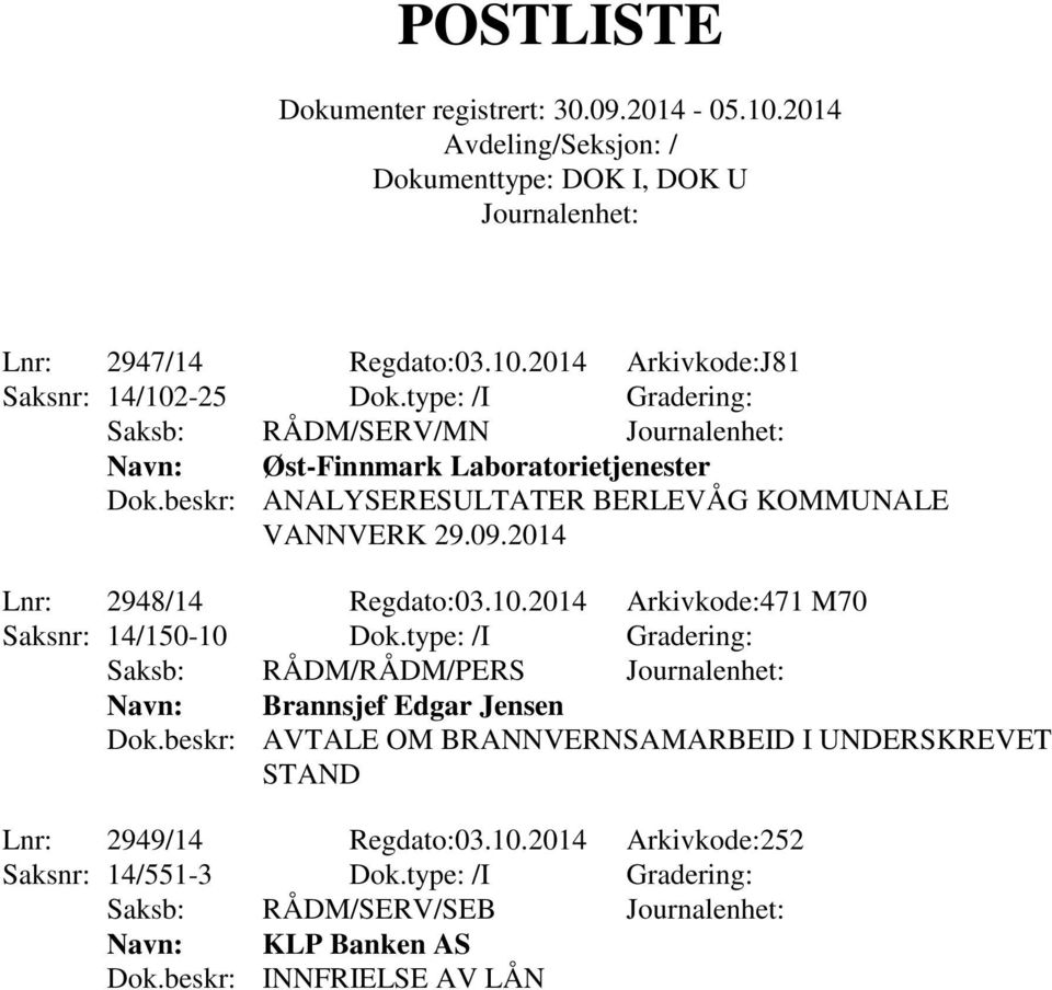 2014 Arkivkode:471 M70 Saksnr: 14/150-10 Dok.type: /I Gradering: Navn: Brannsjef Edgar Jensen Dok.