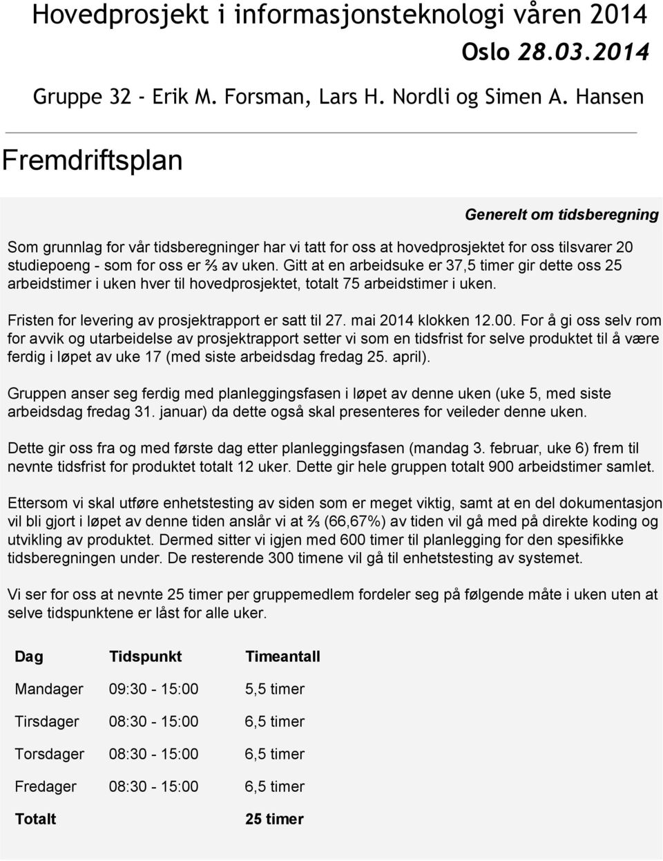 Gitt at en arbeidsuke er 37,5 timer gir dette oss 25 arbeidstimer i uken hver til hovedprosjektet, totalt 75 arbeidstimer i uken. Fristen for levering av prosjektrapport er satt til 27.