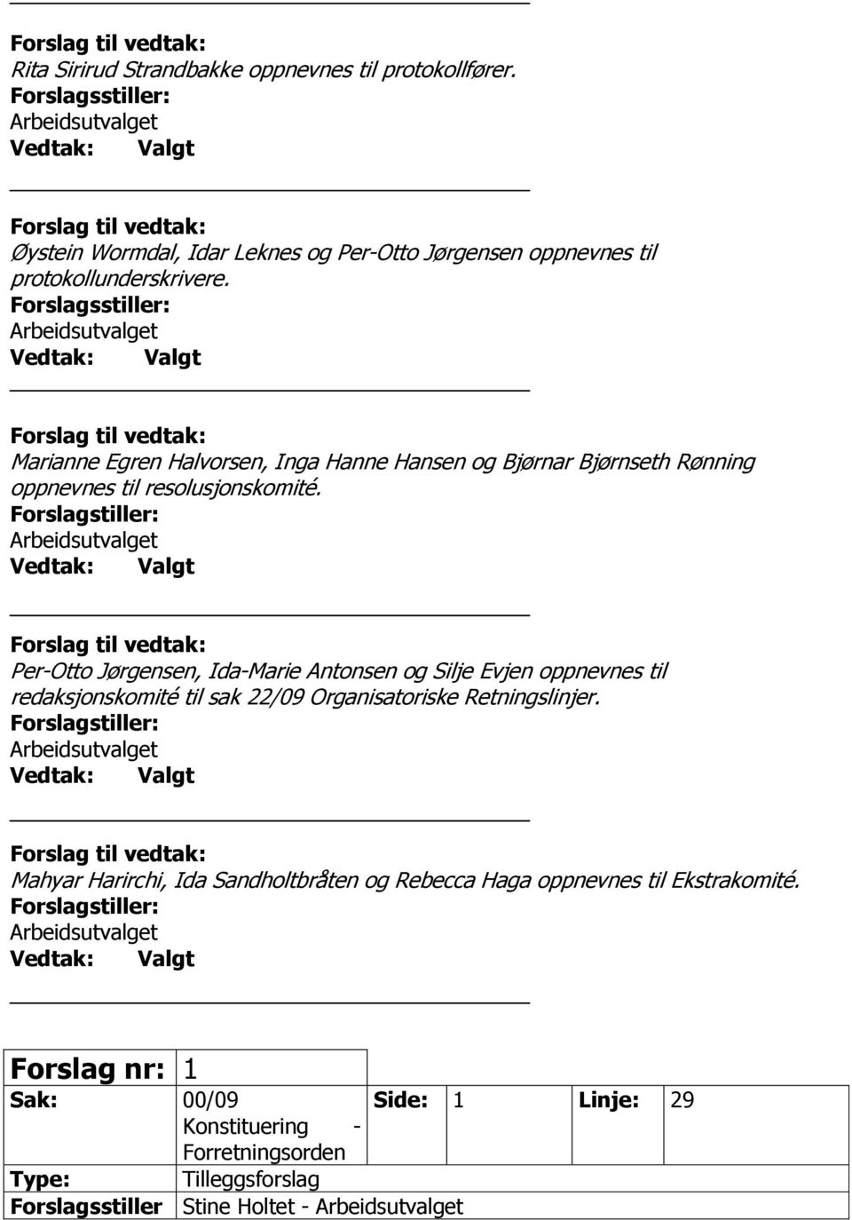 Forslagstiller: Valgt Per-Otto Jørgensen, Ida-Marie Antonsen og Silje Evjen oppnevnes til redaksjonskomité til sak 22/09 Organisatoriske Retningslinjer.