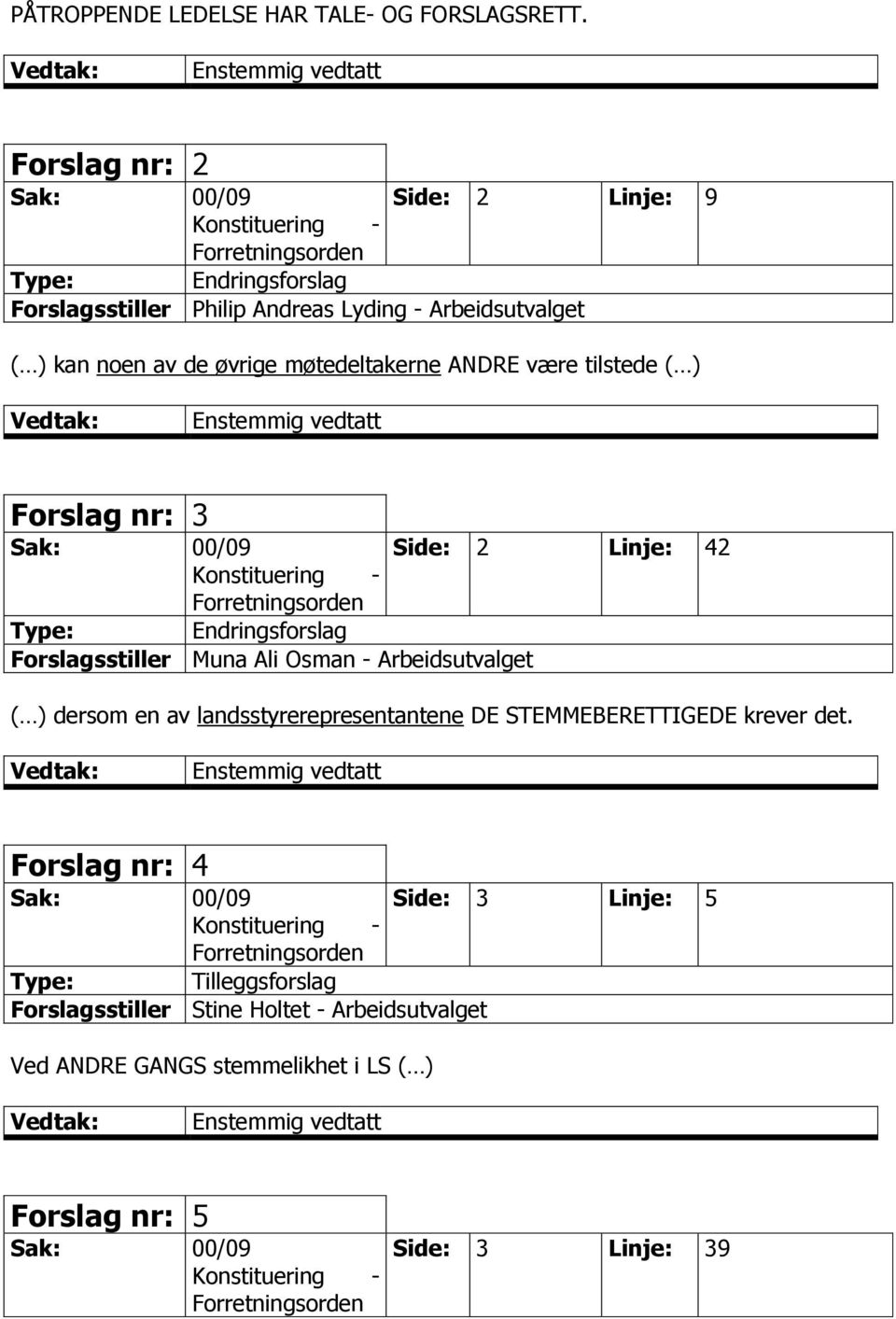 møtedeltakerne ANDRE være tilstede ( ) Forslag nr: 3 Sak: 00/09 Konstituering - Forretningsorden Endringsforslag Forslagsstiller Muna Ali Osman - Side: 2 Linje: 42 ( )