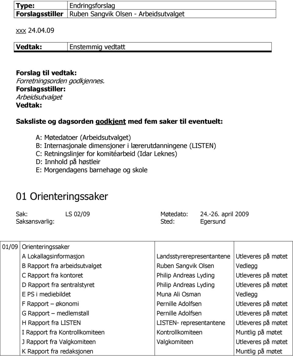 Leknes) D: Innhold på høstleir E: Morgendagens barnehage og skole 01 Orienteringssaker Sak: LS 02/09 Møtedato: 24.-26.