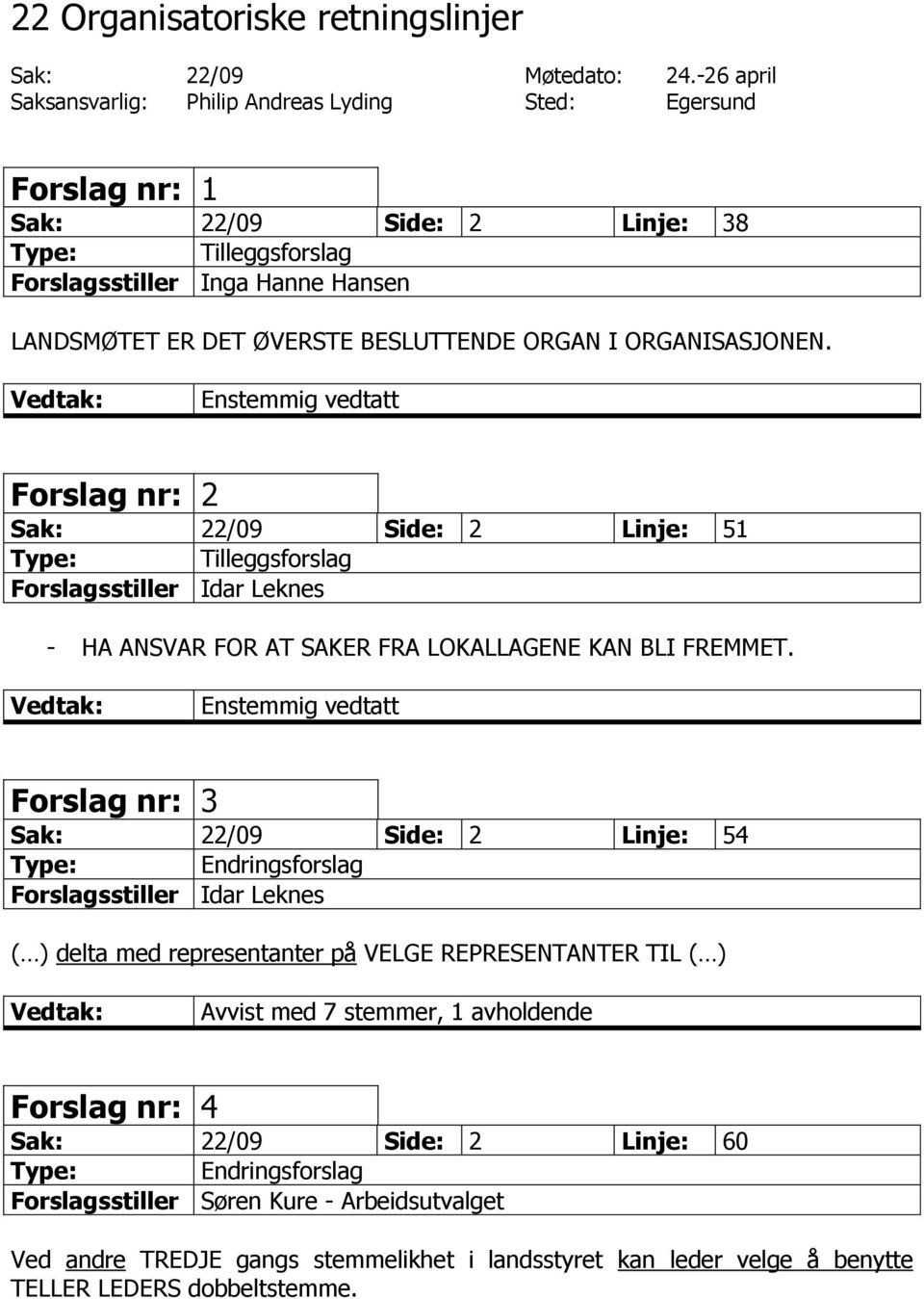 I ORGANISASJONEN. Forslag nr: 2 Sak: 22/09 Side: 2 Linje: 51 Tilleggsforslag Forslagsstiller Idar Leknes - HA ANSVAR FOR AT SAKER FRA LOKALLAGENE KAN BLI FREMMET.