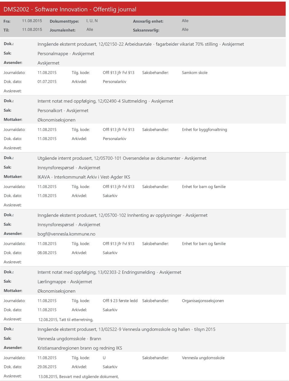 Interkommunalt Arkiv i Vest-Agder IKS Inngående eksternt produsert, 12/05700-102 Innhenting av opplysninger - Innsynsforespørsel - bogf@vennesla.kommune.no 08.