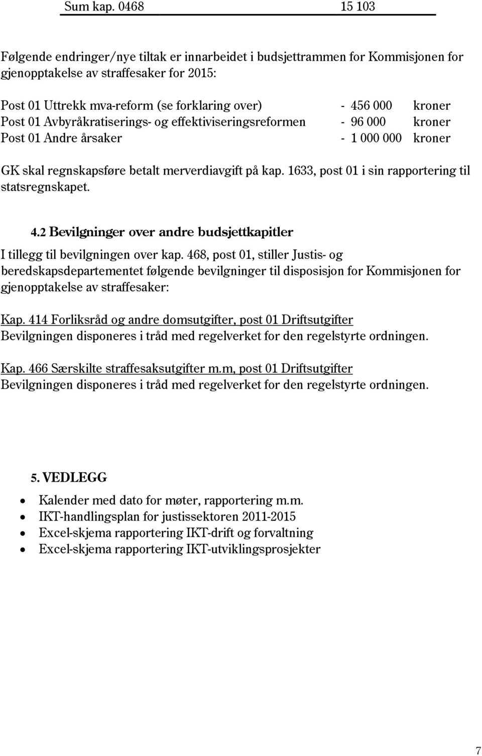 Post 01 Avbyråkratiserings- og effektiviseringsreformen - 96 000 kroner Post 01 Andre årsaker - 1 000 000 kroner GK skal regnskapsføre betalt merverdiavgift på kap.