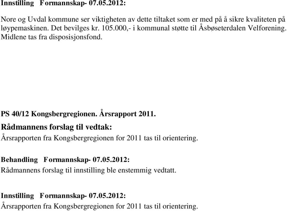 Midlene tas fra disposisjonsfond. PS 40/12 Kongsbergregionen. Årsrapport 2011.