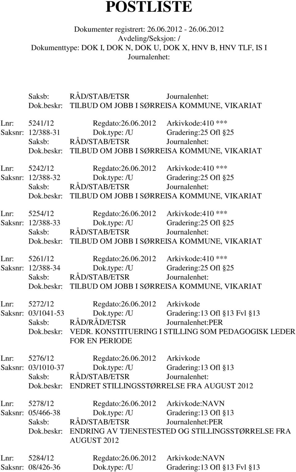 type: /U Gradering:25 Ofl 25 Lnr: 5272/12 Regdato:26.06.2012 Arkivkode Saksnr: 03/1041-53 Dok.type: /U Gradering:13 Ofl 13 Fvl 13 Saksb: RÅD/RÅD/ETSR PER Dok.beskr: VEDR.