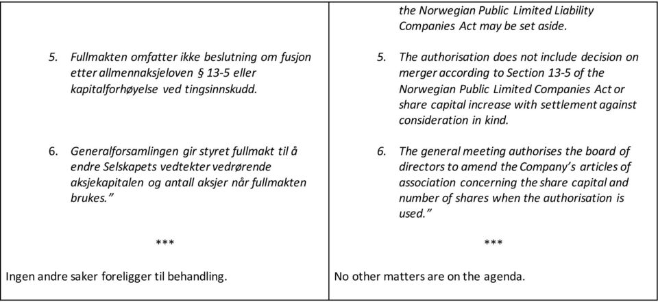 The authorisation does not include decision on merger according to Section 13-5 of the Norwegian Public Limited Companies Act or share capital increase with settlement against consideration in kind.