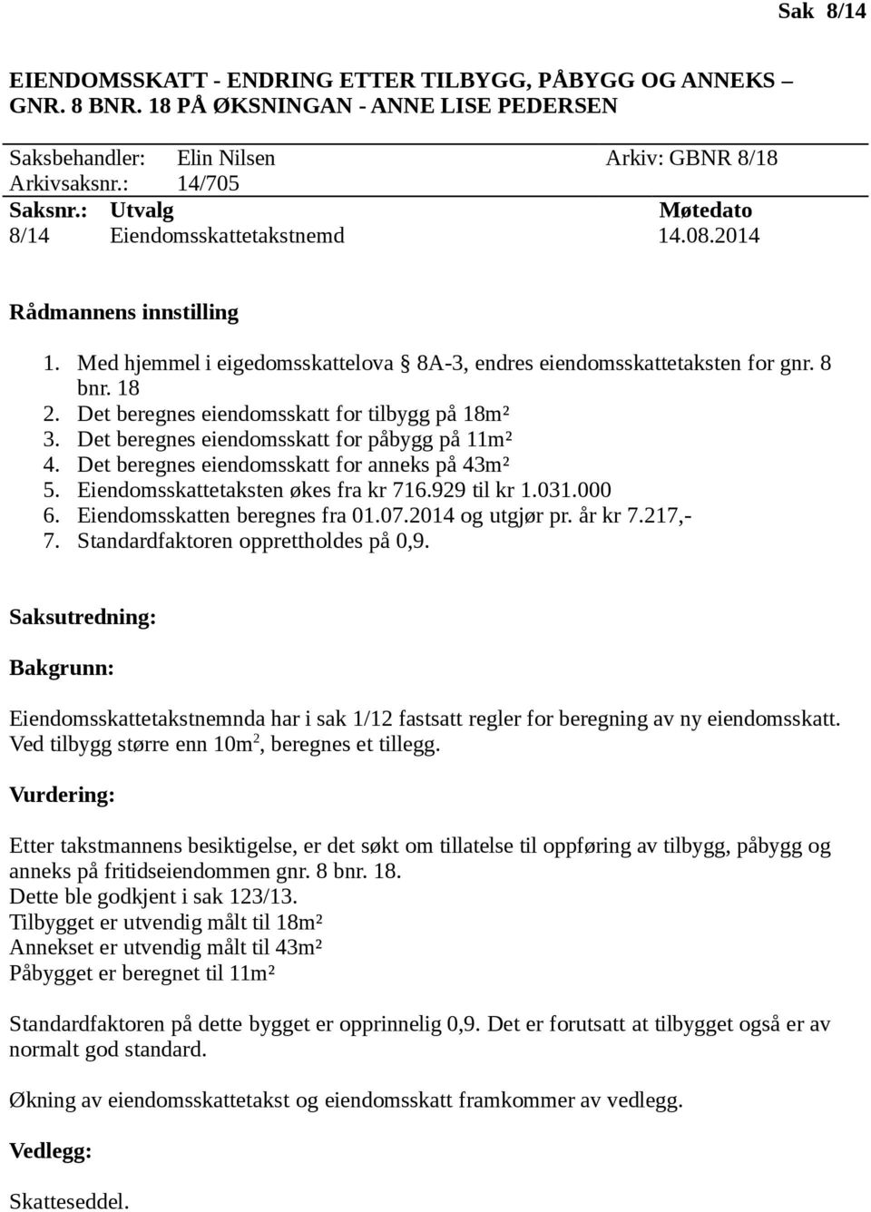 Det beregnes eiendomsskatt for påbygg på 11m² 4. Det beregnes eiendomsskatt for anneks på 43m² 5. Eiendomsskattetaksten økes fra kr 716.929 til kr 1.031.000 6. Eiendomsskatten beregnes fra 01.07.