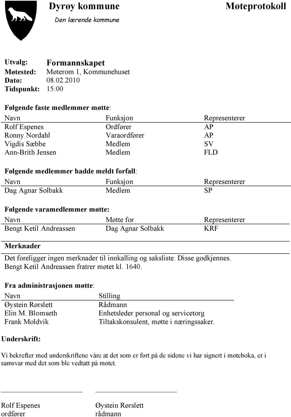 medlemmer hadde meldt forfall: Navn Funksjon Representerer Dag Agnar Solbakk Medlem SP Følgende varamedlemmer møtte: Navn Møtte for Representerer Bengt Ketil Andreassen Dag Agnar Solbakk KRF