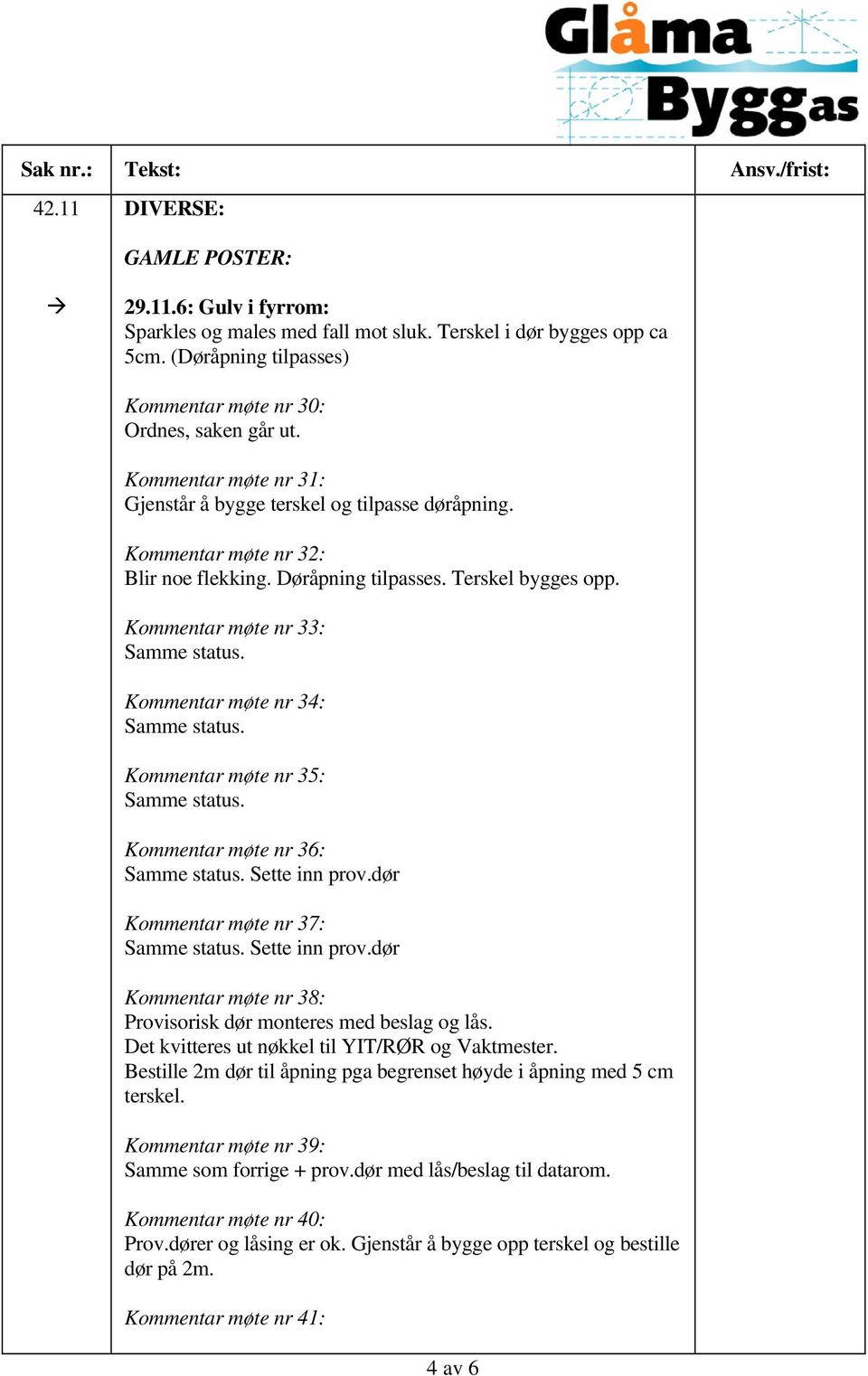 Kommentar møte nr 33: Kommentar møte nr 34: Kommentar møte nr 35: Kommentar møte nr 36: Sette inn prov.dør Kommentar møte nr 37: Sette inn prov.