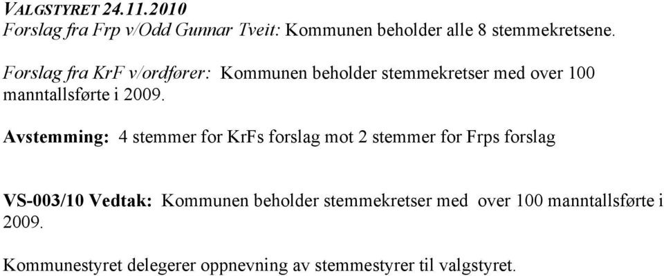 Avstemming: 4 stemmer for KrFs forslag mot 2 stemmer for Frps forslag VS-003/10 Vedtak: Kommunen