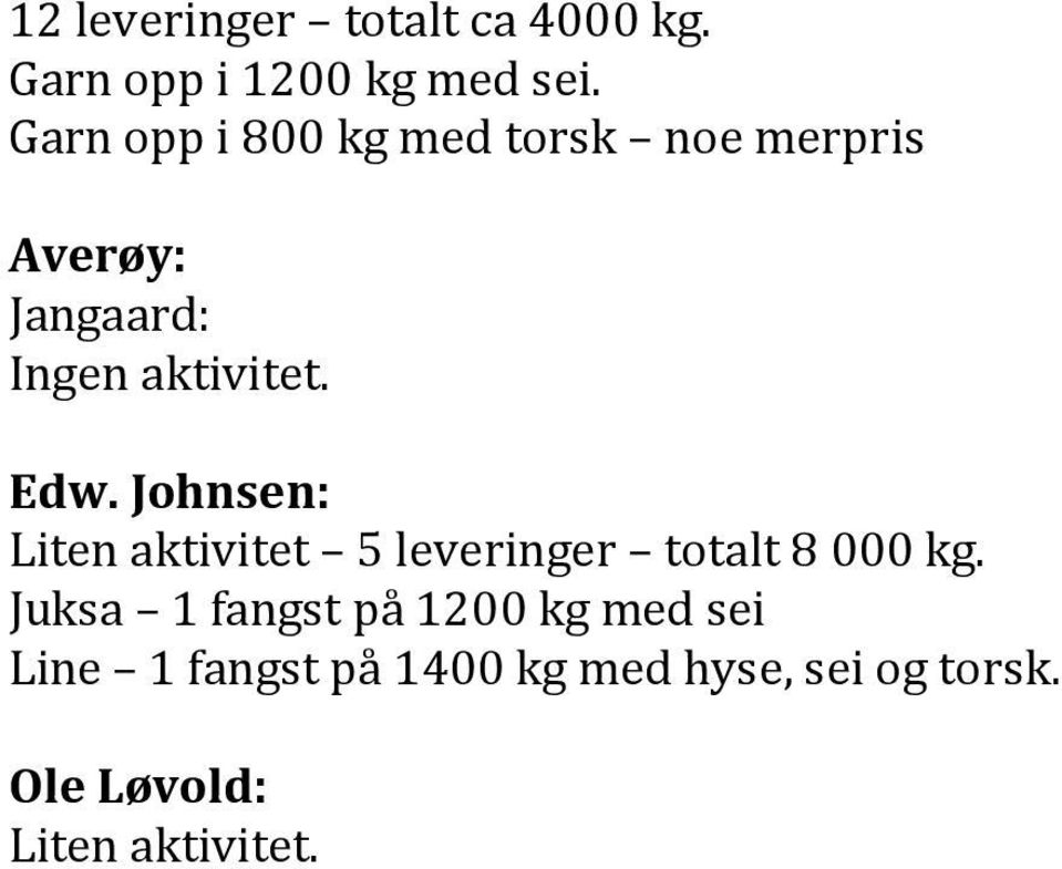 Edw. Johnsen: Liten aktivitet 5 leveringer totalt 8 000 kg.