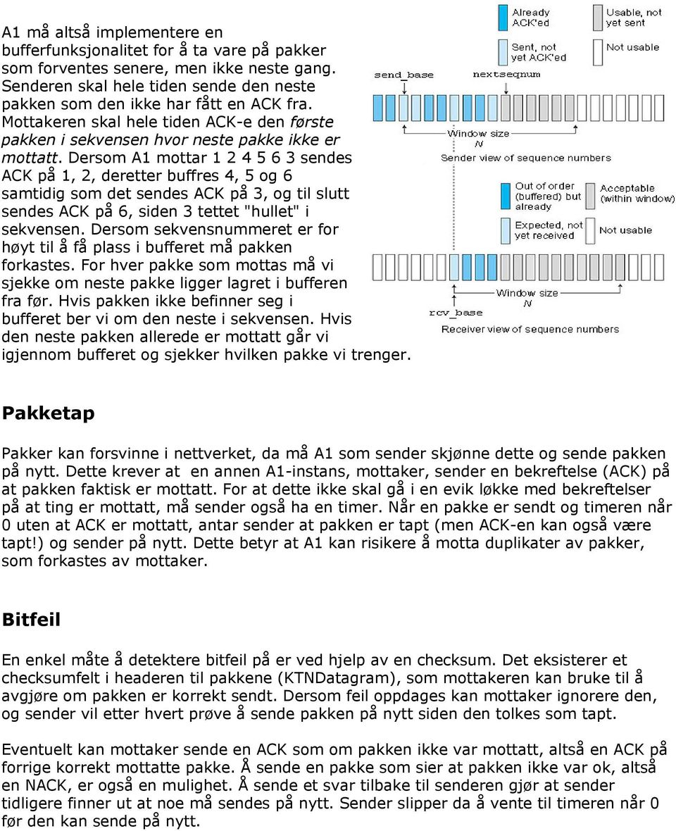 Dersom A1 mottar 1 2 4 5 6 3 sendes ACK på 1, 2, deretter buffres 4, 5 og 6 samtidig som det sendes ACK på 3, og til slutt sendes ACK på 6, siden 3 tettet "hullet" i sekvensen.