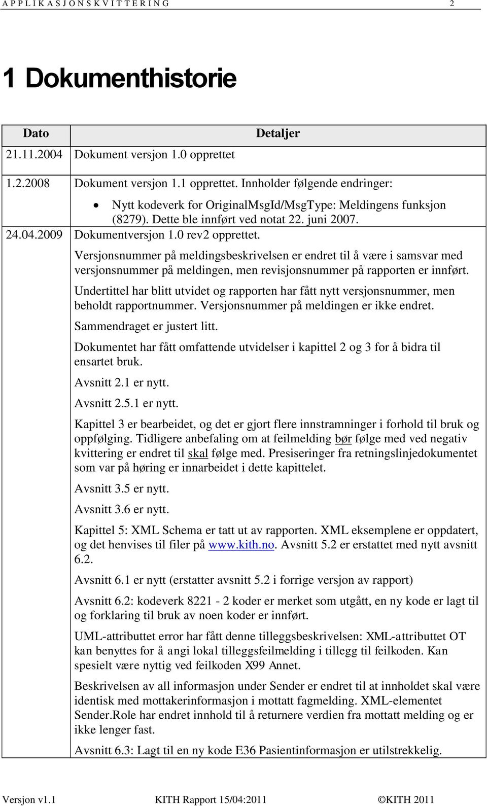 2009 Dokumentversjon.0 rev2 opprettet. Versjonsnummer på meldingsbeskrivelsen er endret til å være i samsvar med versjonsnummer på meldingen, men revisjonsnummer på rapporten er innført.