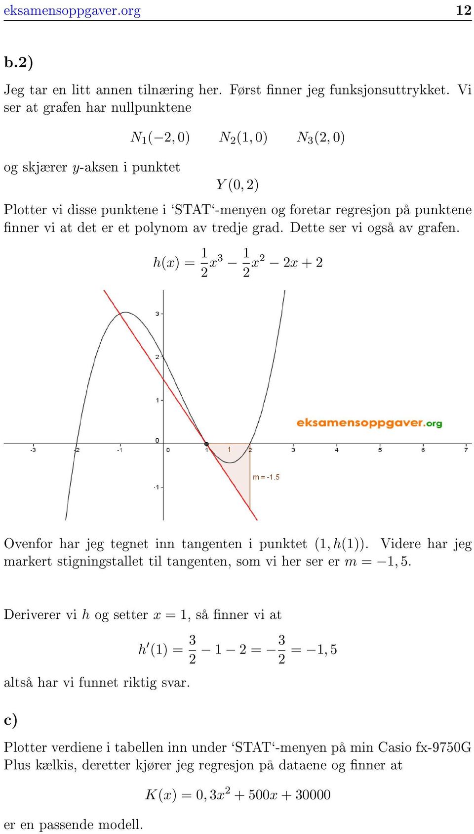 et polynom av tredje grad. Dette ser vi også av grafen. h(x) = 1 2 x3 1 2 x2 2x + 2 Ovenfor har jeg tegnet inn tangenten i punktet (1, h(1)).