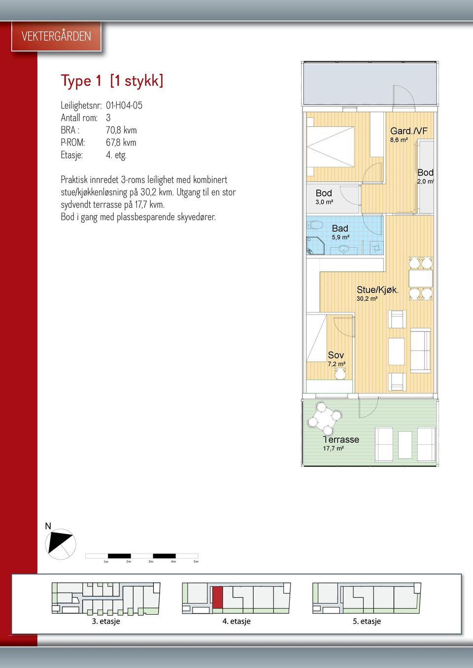 Praktisk innredet 3-roms leilighet med kombinert stue/kjøkkenløsning på 30,2 kvm.